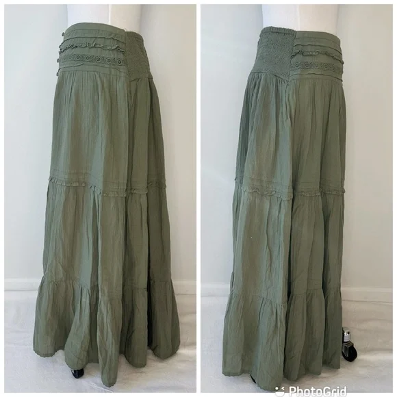 Aerie NWT Green Cotton Gauzy Tiered Skirt Smocked Waist Long Front Slit, size L - Picture 4 of 16